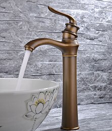 economico -rubinetto del lavandino del bagno in ottone, rubinetti da bagno monoforo a flusso d'acqua diffuso in ottone anticato a cascata con interruttore caldo e freddo