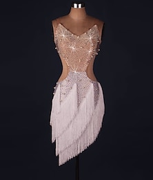 economico -ballo salsa vestito da ballo latino nappe con frange cristalli/strass performance da donna senza maniche in spandex naturale