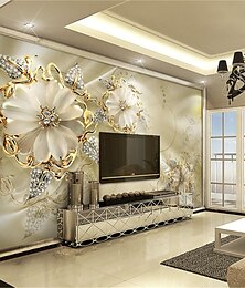 abordables -Papel tapiz de flores doradas en 3d, mural de pared, adhesivo de diamante de estilo europeo de lujo, lienzo requerido para sala de estar, fondo de hotel, decoración del hogar