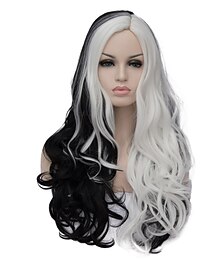 billige -cosplay parykk hekser/trollmann parykk svart og hvit parykk cruella deville parykk syntetisk parykk for kvinner halloween parykker