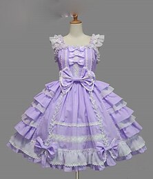 cheap -Sweet Lolita Plus Size Vacation Dress Dress JSK / Jumper Skirt Women's Girls' Cotton Japanese Cosplay Costumes Purple / Yellow / Blue Solid Colored Bowknot Cap Sleeve Short Sleeve Short / Mini