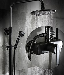 abordables -Robinet de douche, ensemble de système de douche bronze huilé antique vanne en céramique bain douche mitigeurs/laiton/manette unique trois trous