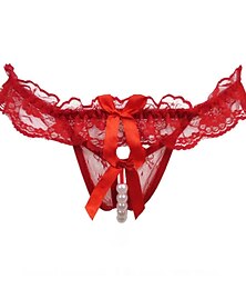 cheap -Women's Beaded Mesh Hole Sexy Jacquard G-strings & Thongs Panties Micro-elastic Mid Waist Super Sexy Lace Red Floral / Home / Apparel & Accessories