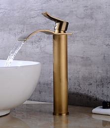 abordables -robinet de lavabo de salle de bain en cuivre antique, robinets de bain à un trou à poignée unique en cascade dorée avec interrupteur d'eau chaude et froide