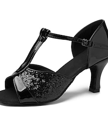 cheap -Women's Latin Shoes Dance Shoes Indoor Practice Heel Glitter Sequin Cuban Heel Closed Toe Buckle T-Strap Adults' Silver Black Fuchsia