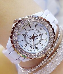 お買い得  -女性クォーツ時計高級エレガントなダイヤモンド腕時計ブレスレット防水セラミックバンドラインストーンレディースクォーツ時計