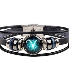 cheap -1pcs Men's Leather Bracelet 12 Constellation Vintage Punk Black Zodiac Rock Hip Hop Bracelet Jewelry