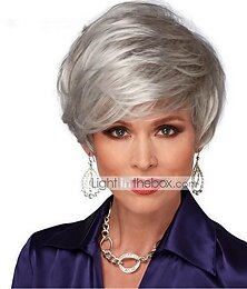 economico -parrucche grigie per donna parrucca sintetica con frangetta parrucche corte argento parrucche da vecchia parrucche dall'aspetto naturale
