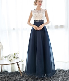 abordables -Robe A-Line Élégante Invité de Mariage Prom Longueur de Sol Sans Manches Col Illusion Tulle sur Dentelle avec Perles 2025