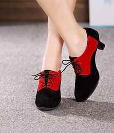 זול -בגדי ריקוד נשים ריקודים סלוניים נעליים מודרניות נעליי ריקוד סווינג בבית מקצועי ChaCha עקבים שחבור שרוכים שחור וכסף שחור אדום שחור