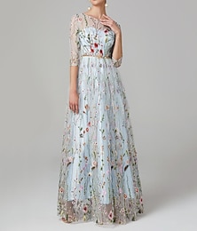 cheap -A-Line Evening Gown Party Dress Floral Dress Holiday Wedding Guest Floor Length 3/4 Length Sleeve Illusion Neck Lace with Embroidery 2024