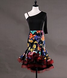billiga -dans salsa latinsk dansklänning mönster / tryck kaskad volanger kvinnors prestanda halvärm ärmlös spandex organza utan kalsonger