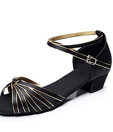 cheap -Women's Latin Shoes Salsa Shoes Line Dance Indoor Professional ChaCha Satin Basic Heel Low Heel Buckle Kid's Black and Gold