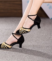 abordables -Chaussures de danse latine pour femmes – talons en daim noir avec brides dorées, bride cheville et semelle en daim pour la salsa, le tango et les performances