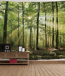 voordelige -natuur wandtapijt kunst decor deken gordijn picknick tafelkleed opknoping huis slaapkamer woonkamer slaapzaal decoratie bos landschap zonneschijn door boom