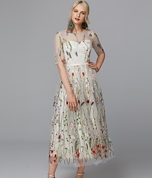 cheap -A-Line Floral Dress Valentine's Day Wedding Guest Tea Length Half Sleeve Illusion Neck Lace with Embroidery Appliques 2024