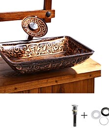 abordables -Combinaison de robinet de lavabo de salle de bain contenant avec anneau de montage de salle de bain en alliage de zinc lavabo rectangulaire en verre trempé antique et drain d'eau en laiton
