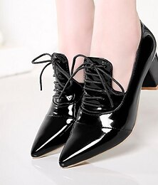 billige -Dame Høyhælte Oxfords Lace Up Sandaler Strappy Sandaler Store størrelser Daglig Ensfarget Sommer Blokker hælen Spisstå Komfort Gange Lakklær PU Snøring Svart Hvit Rosa