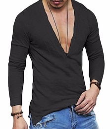 cheap -Men's Shirt T shirt Tee Long Sleeve Shirt Graphic Plain Deep V Normal Long Sleeve Clothing Apparel Linen Muscle Esencial