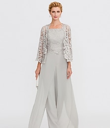 cheap -Jumpsuit / Pantsuit 3 Piece Mother of the Bride Dress Formal Wedding Guest Elegant Plus Size Square Neck Floor Length Chiffon Corded Lace Sleeveless Wrap Included with Lace Appliques 2024