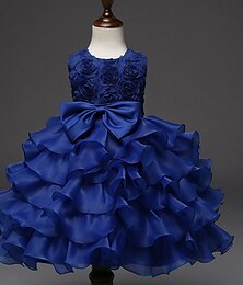 levne -dětské dívčí aktivní sladký večírek prázdninový jednobarevný skládaný luk bez rukávů po kolena polyesterové šaty královská modrá