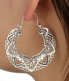 cheap -Women's Earrings Vintage Enamel Mandala Lotus Hollow Hoop Dangle Earrings Antique Silver Gypsy Indian Tribal Ethnic Big Large Hoop