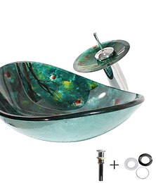 abordables -Lavabo en verre trempé d'art avec finition de robinet chromé, robinet de salle de bain en forme d'évier rectangulaire