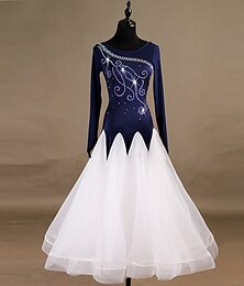 Недорогие -Ballroom Dance Dress Crystals / Rhinestones Women's Training Long Sleeve High Nylon Organza Tulle