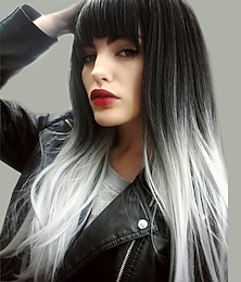 economico -parrucche grigie per donna parrucca sintetica naturale dritto nero / bianco 24 pollici capelli ombre attaccatura dei capelli naturale parrucche per feste di natale nere
