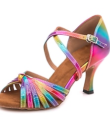 cheap -Women's Latin Shoes Ballroom Shoes Line Dance Party Training Indoor Pattern / Print Sandal Buckle Slim High Heel Cross Strap Rainbow / Performance