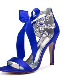 voordelige -Dames koningsblauwe satijnen hoge hak sandalen – strass versierd met vlinderdasontwerp voor bruiloften of formele evenementen