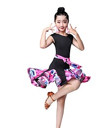 baratos -Dança Latina Roupas de Dança para Crianças Vestido Estampa Franzido Combinação Para Meninas Espetáculo Sem Manga Alto Fibra Sintética