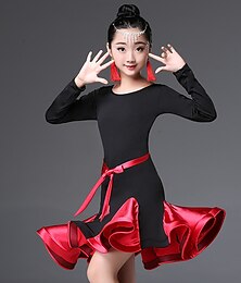 abordables -Danse latine Tenues de Danse pour Enfants Robe Ruché Combinaison Fille Utilisation Manches Longues Taille haute Nylon