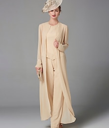 abordables -Combinaison Costume 3 pièces Robe de Mère de Mariée  Formel robe demoiselle d honneur Elégant Grande Taille Echarpe incluse Bateau Neck Longueur Sol Mousseline de soie manche longue Echarpe incluse