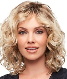 economico -parrucche bionde per le donne tessere parrucca parte centrale riccia media lunghezza capelli sintetici dorati chiari 16 pollici design alla moda donna donna marrone sintetico
