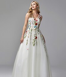 ieftine -Rochii A-Line pentru Ocazii Speciale pentru Nunta pe Plajă Rochie Florală Invitată la Nuntă pentru Ziua Îndrăgostiților Lungime de Pardoseală Fără Mâneci Gât în V Dantelă cu Broderie Aplicații