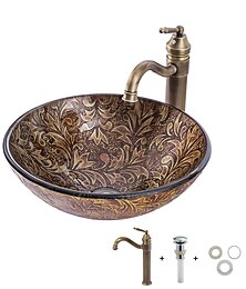 abordables -Ensemble de lavabo de salle de bain vintage rond 16,5 "x5,7", robinet mitigeur d'évier et combo de vidange avec vidange pop-up, vasque artistique en verre trempé en forme de bateau, vasque au-dessus du comptoir