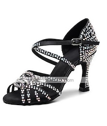 cheap -Women's Latin Shoes Salsa Shoes Party Performance Practice Glitter Crystal Sequined Jeweled Heel Crystal / Rhinestone Crystals Flared Heel Buckle Ankle Strap Black / Satin
