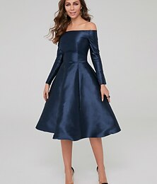 cheap -A-Line Special Occasion Dresses Elegant Dress Wedding Guest Cocktail Party Knee Length Long Sleeve Off Shoulder Satin with Pleats 2024