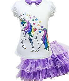 billiga -barn flickor enhörning 2st t-shirt&amp;kjol kläder set rosett kortärmad lila rodnande rosa fuchsia häst enhörning tecknad rosett tyll bomull basic
