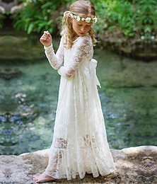 economico -Abito A-Line lungo per fanciulla d'onore prima comunione ragazze carino abito da ballo in pizzo con schiena in pizzo boho taglie 3-16 anni abito per stupire