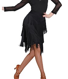 abordables -Jupes de danse latine à franges et pompons fendus pour femmes, entraînement, performance, spandex naturel, mousseline de soie, polyester