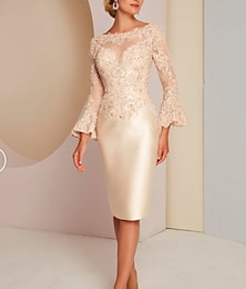cheap -Sheath / Column Mother of the Bride Dress Wedding Guest Elegant Vintage Luxurious Jewel Neck Knee Length Satin Lace Long Sleeve with Beading Appliques 2024