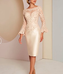 preiswerte -Eng anliegend Brautmutterkleid kleid hochzeitsgast Elegant Vintage luxuriös Schmuck Knie-Länge Satin Spitze Langarm mit Perlenstickerei Applikationen 2024