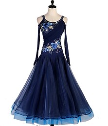 cheap -Ballroom Dance Dress Embroidery Crystals / Rhinestones Women's Training Performance Long Sleeve Spandex Elastane Tulle