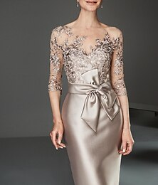 preiswerte -Kleid für die Mutter der Braut Elegantes Plus-Size durchscheinendes Bootsausschnitt-Kleid knielang Satin Tüll Halbarm mit Perlen Rüschen Kleid zum Beeindrucken Race Day Kleid