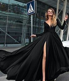 billige -a-line aftenkjole empire svart kjole ferie bryllup gjest gulv lengde lange ermer v hals chiffon v rygg med splitt ren farge 2024