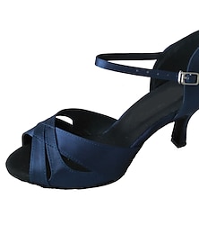 cheap -Women's Latin Shoes Dance Shoes Party Satin Heel Solid Color Flared Heel Buckle Ankle Strap Navy Peach