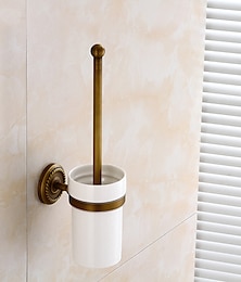baratos -Escova de vaso sanitário com suporte, escova de vaso sanitário de latão antigo montada em parede de borracha e suporte para banheiro