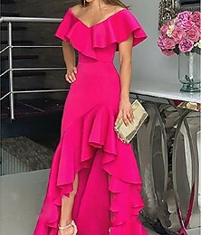 abordables -Robe de soirée A-ligne robe minimaliste invitée de mariage retour à la maison asymétrique sans manches épaule dénudée satin extensible avec volants fente 2025
